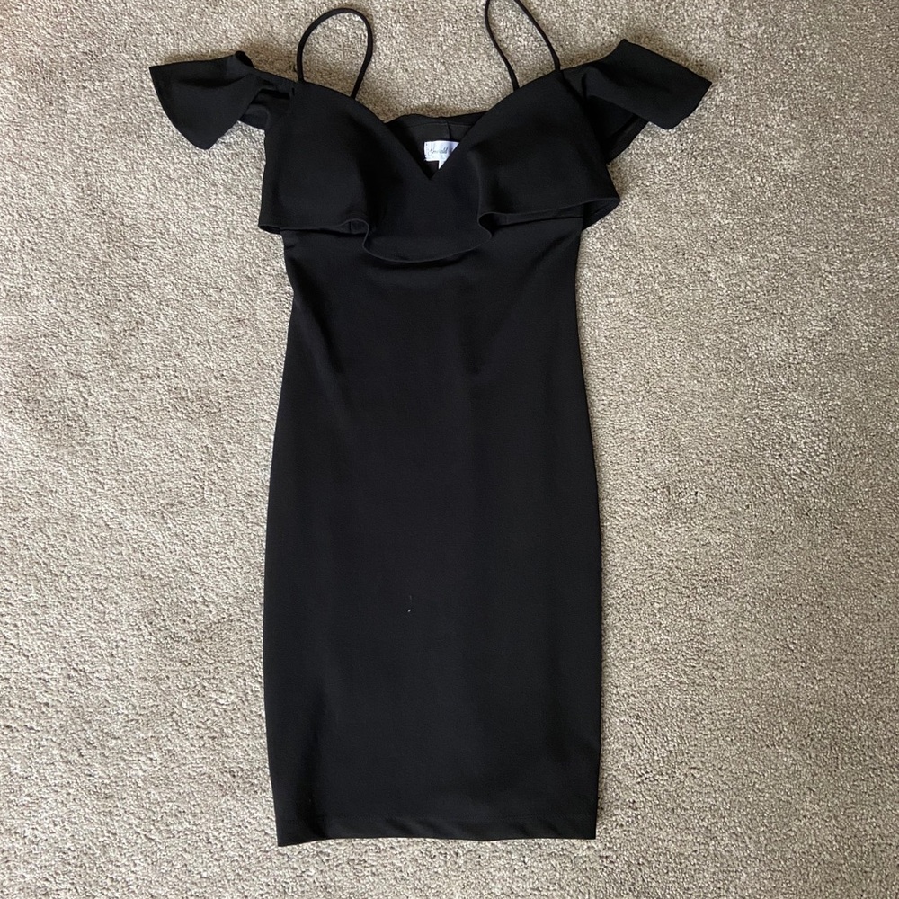 Black formal fitted dress with ruffled sleeves